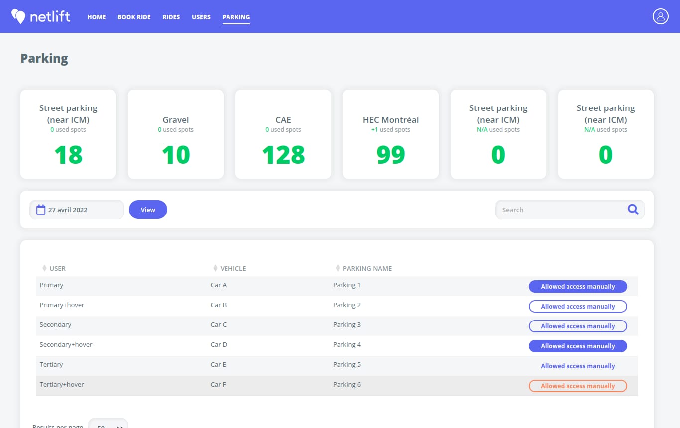 Parking dashboard